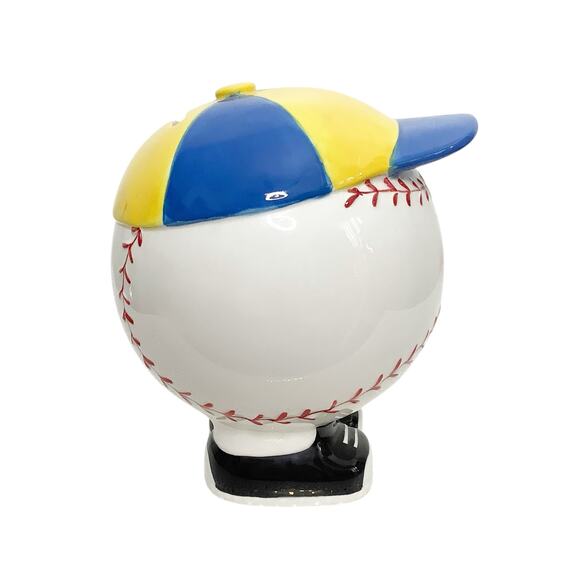 Baseball Ceramic Coin Bank Happy Face Yellow Blue Cap Hat Rubber Stopper - Picture 4 of 8